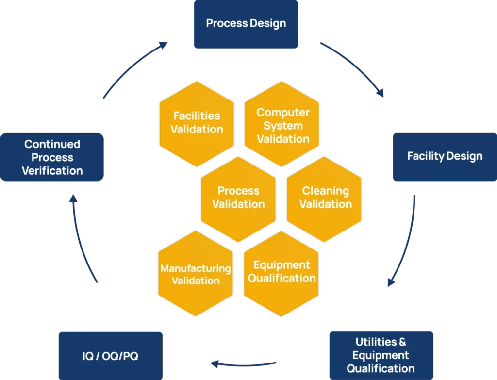Validation Services Surrounded by Continued Process Verification, Process Design, Facility Design, Utilities & Equipment Qualification (IQ/OQ/PQ)
